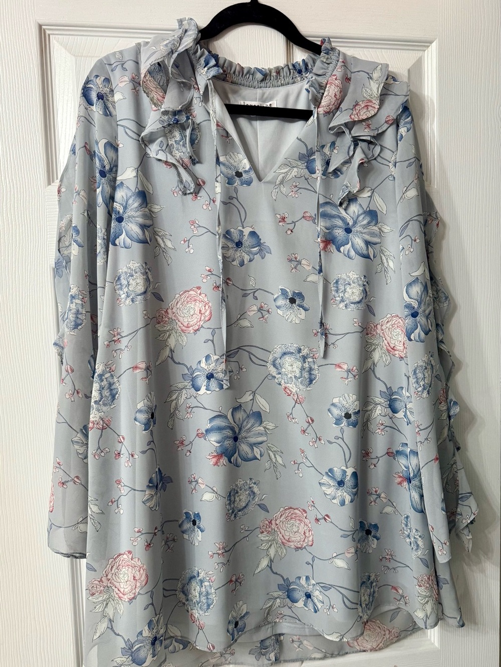 Love Riche Pale Blue Floral Ruffle Tie-Front Blouse